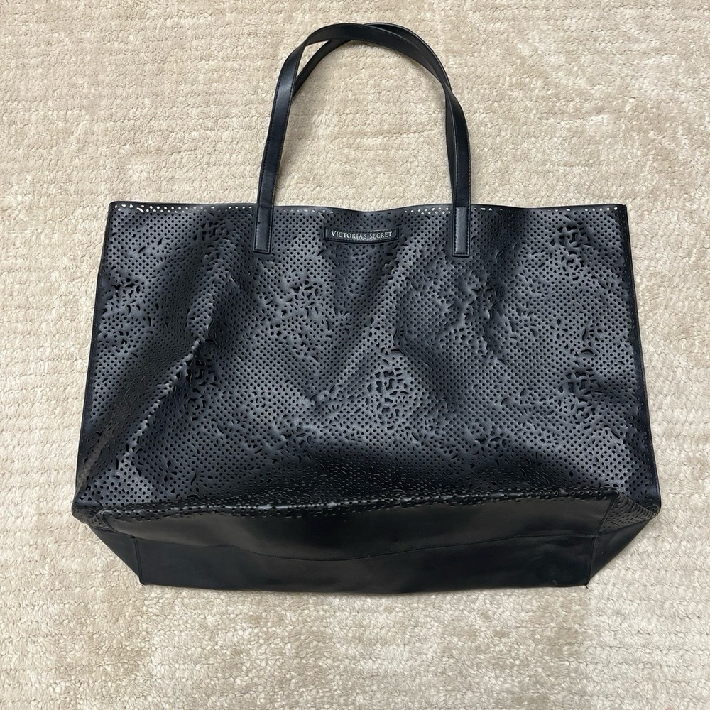 Victoria's Secret Faux Leather Black Lace Tote Bag 20.5" x 14" x 5"